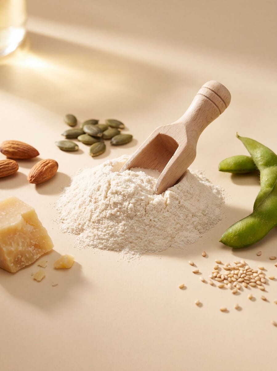 L-Tirozin, naravni viri (mandlji, parmezan, sezam, soja)